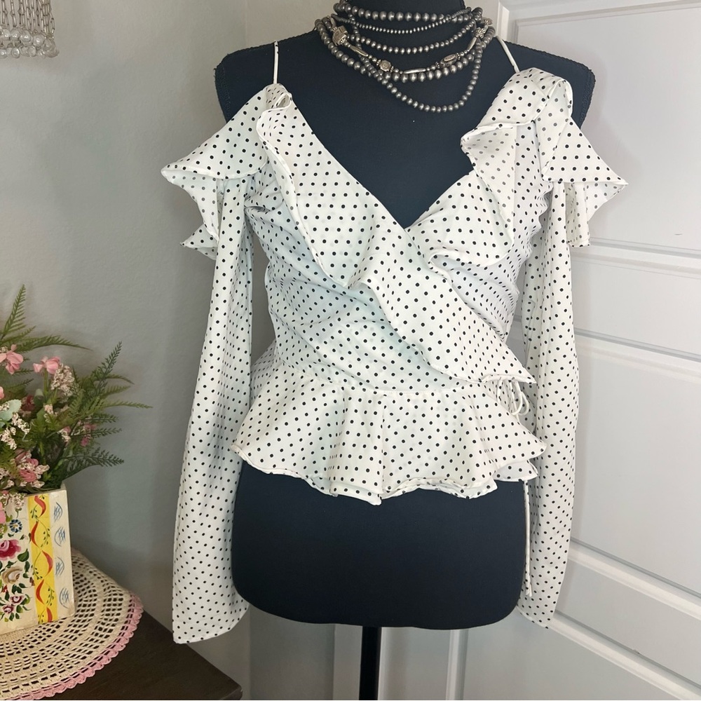 Favlux Fashion NWT A’gaci White Black Polkadot Ruffle Cold Shoulder Wrap Blouse